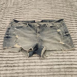Light wash, stonewash high waist distressed Torrid jean shorts size 24.